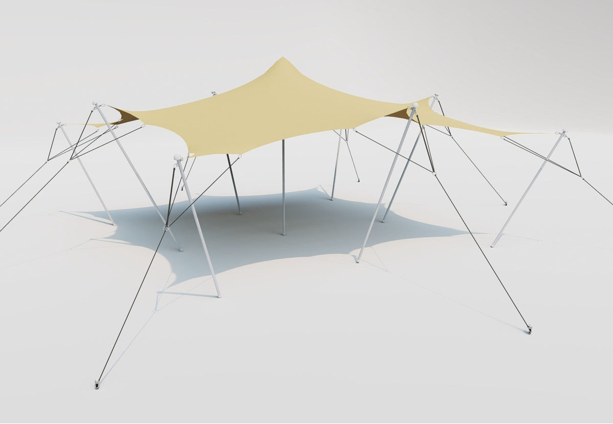 Stretch Tent Q2 aufgebaut, beiger Stretchstoff mit hoher Mittelstange und schrägen Stangen ringsum