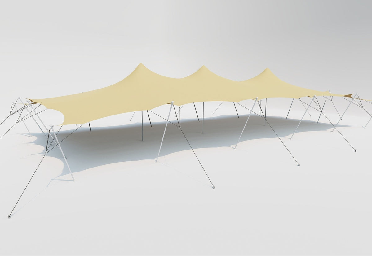 CanvasCamp Stretch Tent Q3 im längsten Aufbau mit drei Spitzen