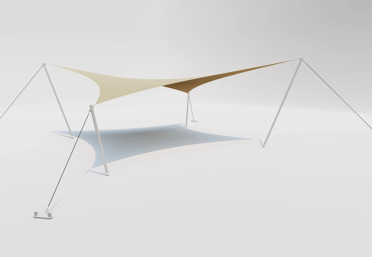 CanvasCamp Stretch Tent Q3X mit hohen und niedrigen Punkten, von der anderen Seite gesehen