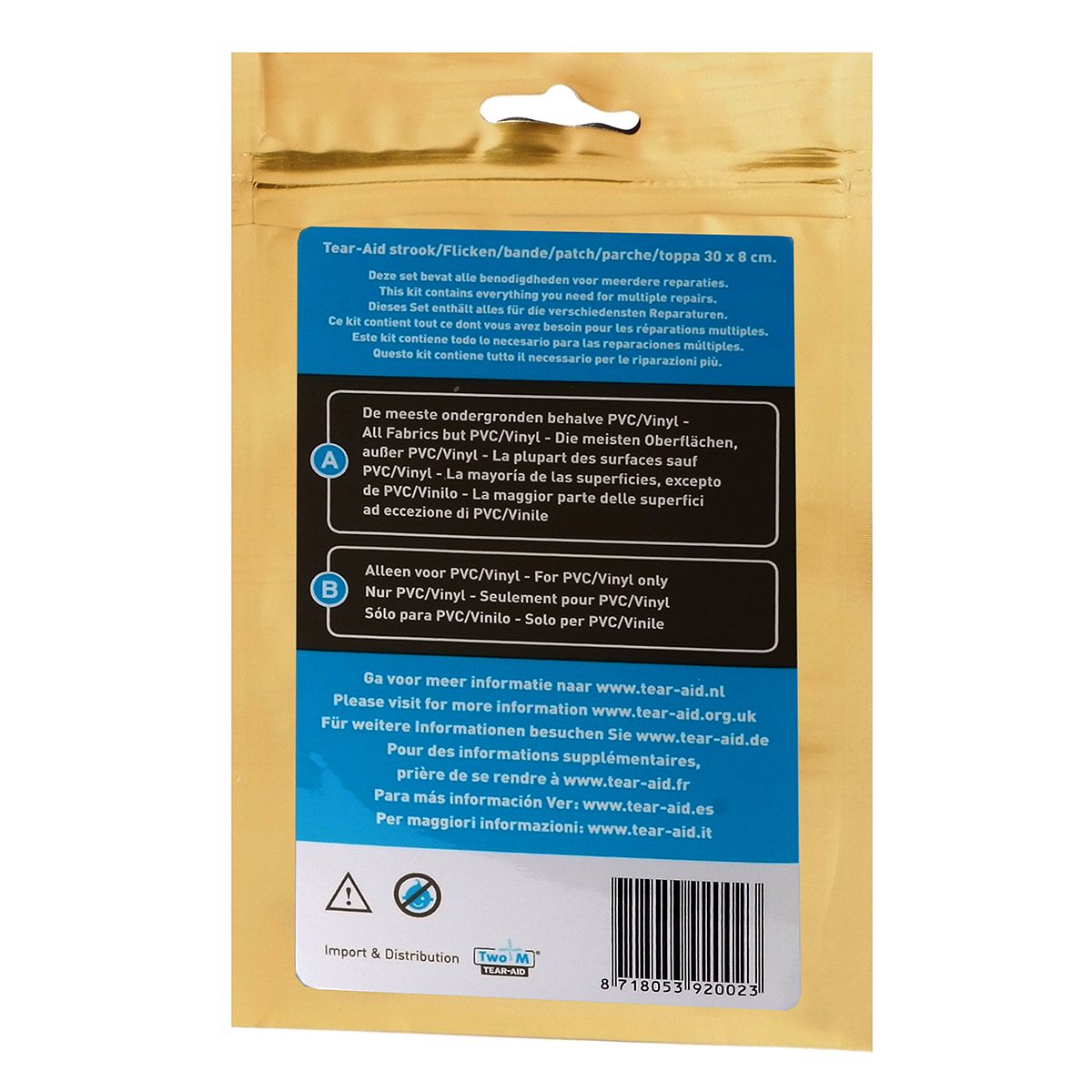 Tear-Aid A goldfarbene Verpackung von hinten mit Erklärung in mehreren Sprachen