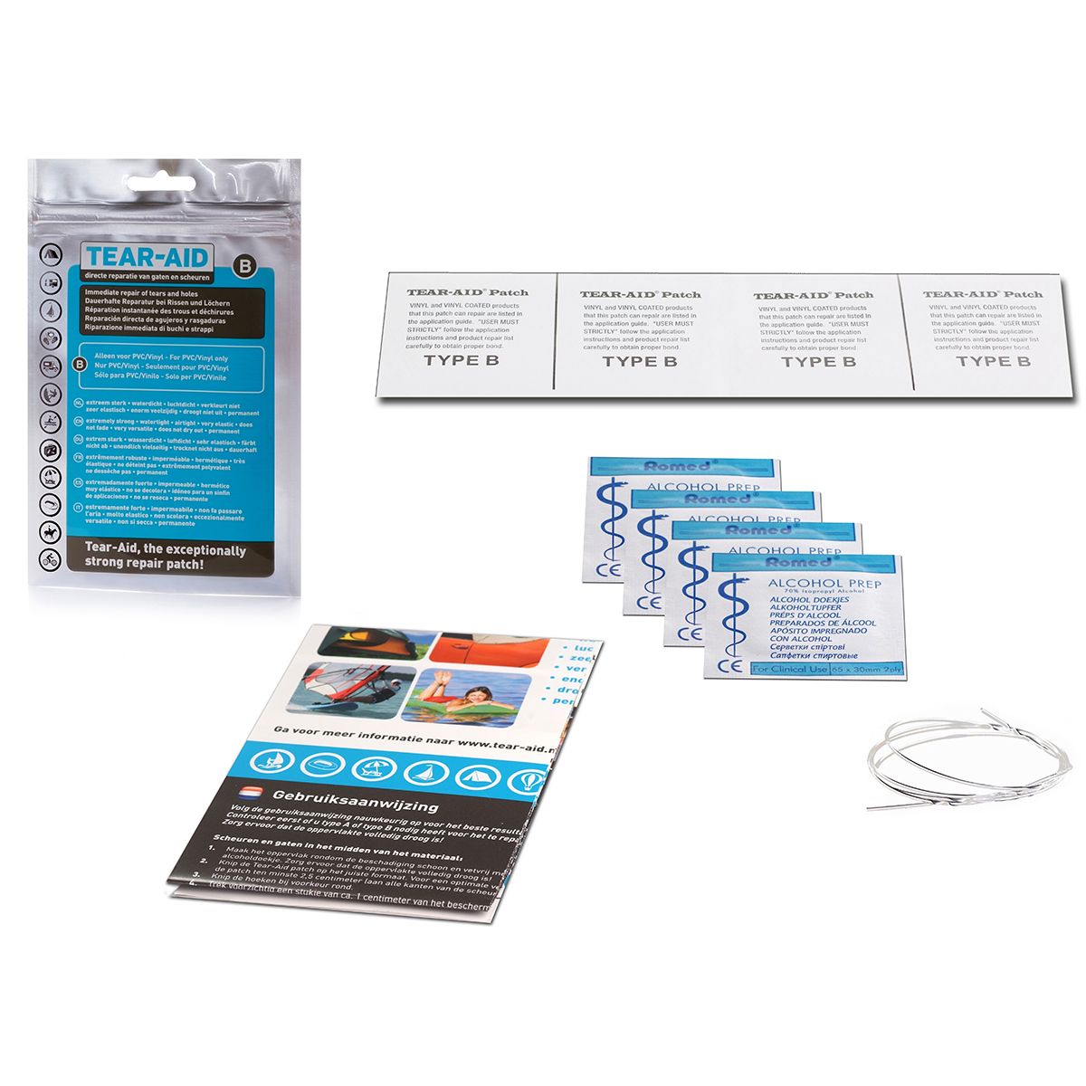 Tear-Aid B Set mit Verpackung, Streifen mit Flicken Typ B, Alkoholtüchern und Gebrauchsanweisung