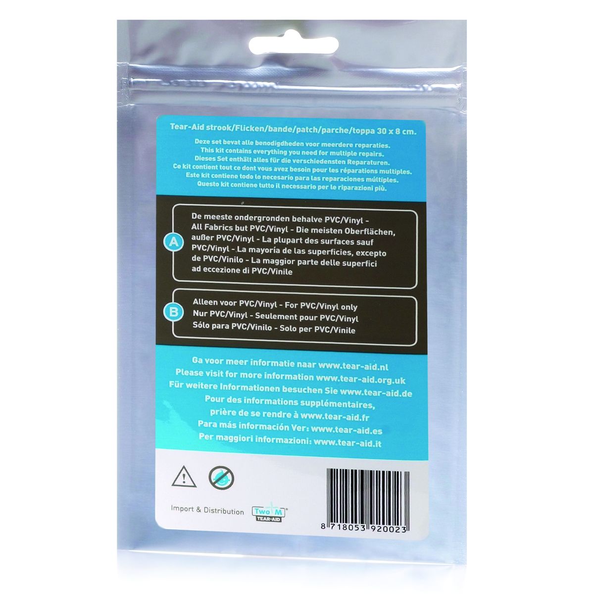 Tear-Aid B Rückseite der Verpackung mit mehrsprachiger Erklärung für PVC und Vinyl