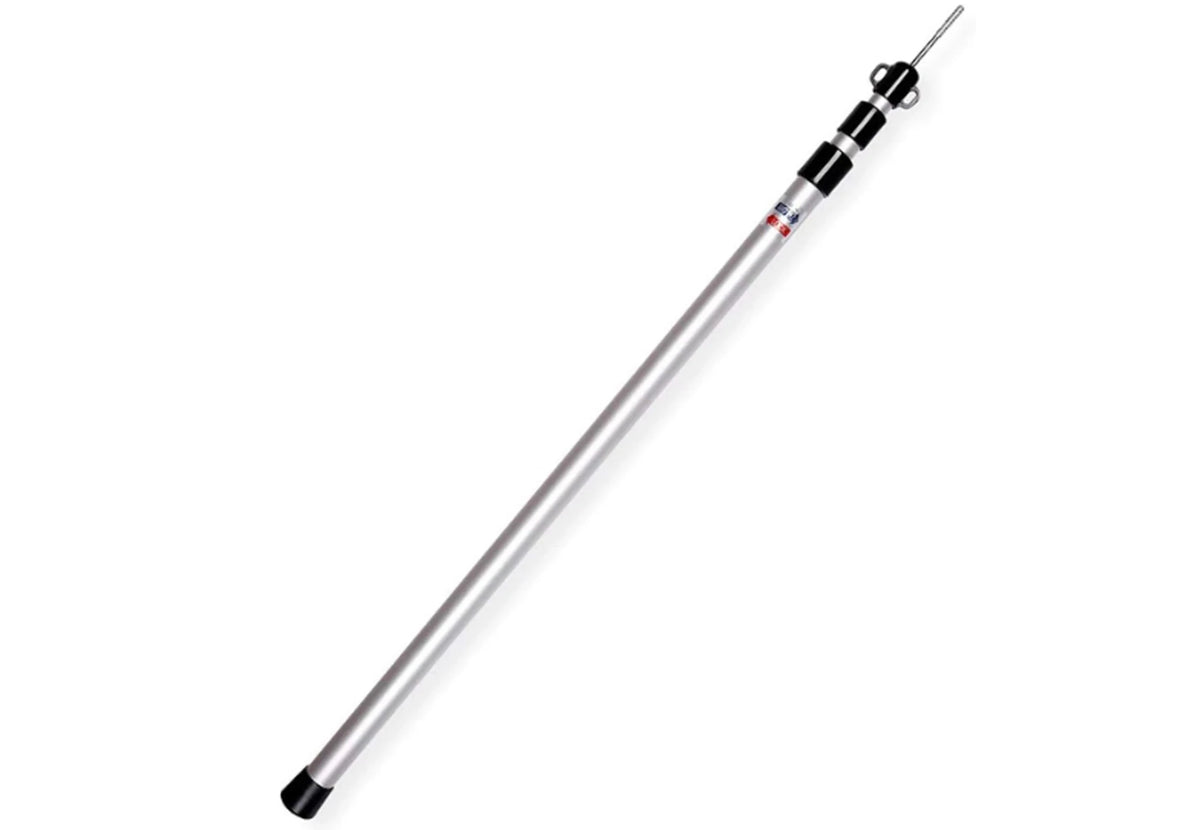 Teleskop Tarpstange Aluminium, silberfarbene Stange mit schwarzen Klemmringen und einem Stift oben