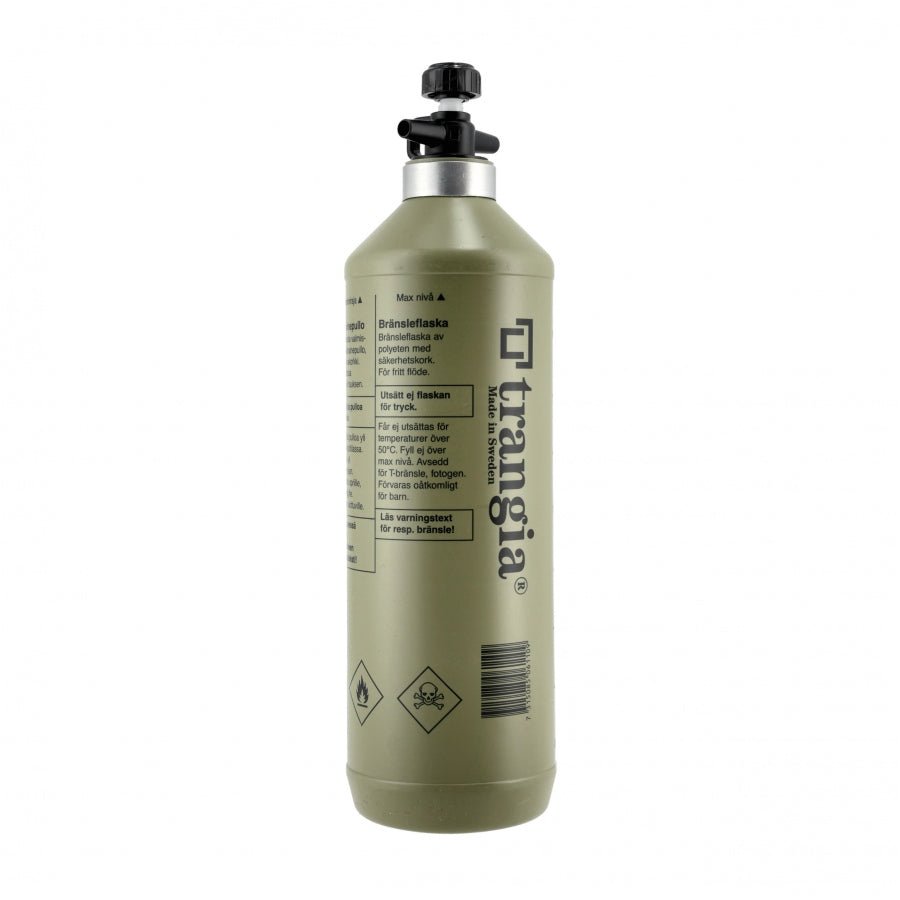 Trangia Brennstoffflasche in Olivgrün, große Flasche mit Logo und Warnsymbolen