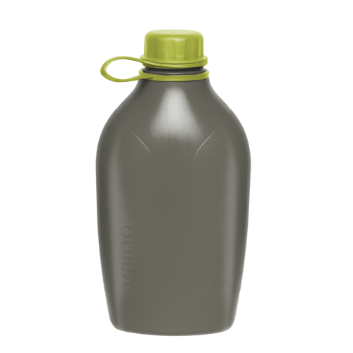 Wildo Explorer Bottle graue Trinkflasche mit limettengrünem Schraubverschluss und Schlaufe am Hals