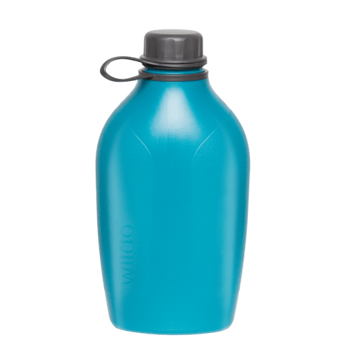 Wildo Explorer Bottle in Blau mit grauem Schraubverschluss, von vorne
