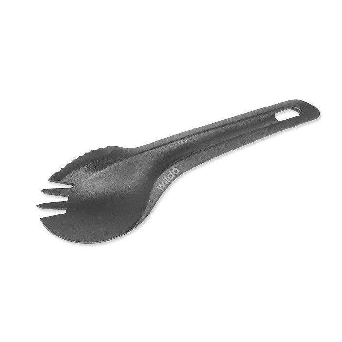 Wildo Spork in Dunkelgrau, Löffel und Gabel in einem, mit Aufhängeloch im Griff