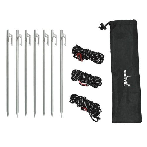 Winnerwell Guyline Peg Set mit sieben Edelstahl-Heringen, drei schwarzen Abspannleinen und schwarzem Beutel