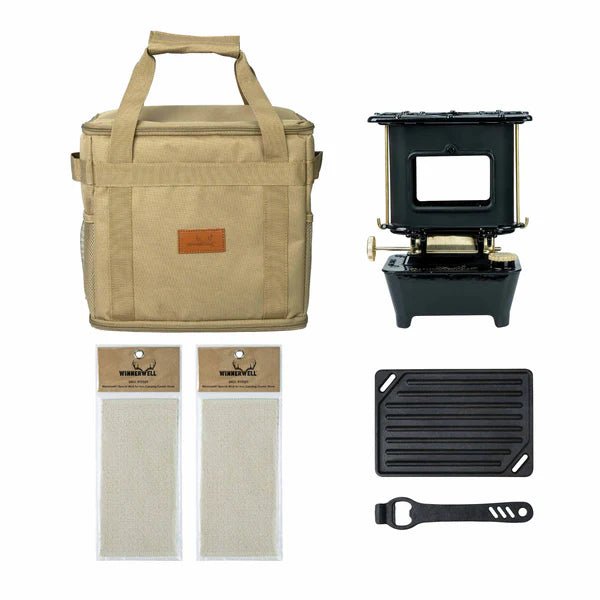 Winnerwell Iron Camping Cooker Stove Set mit beiger Tragetasche, Grillplatte, Öffner und zwei Dochten