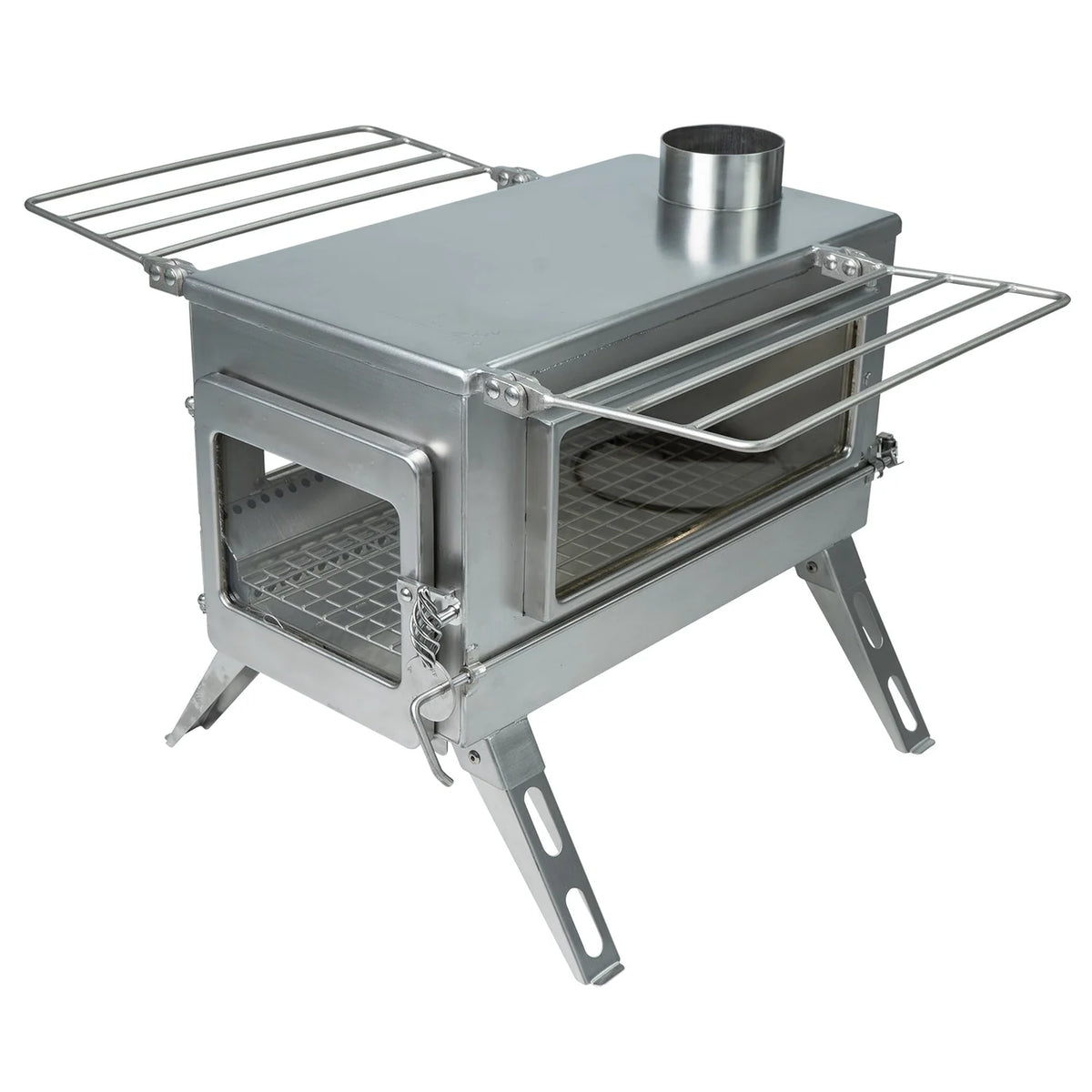 Winnerwell Nomad Plus Double View schräg von vorne mit Glastür, Seitenscheibe und ausgeklappten Ablagen