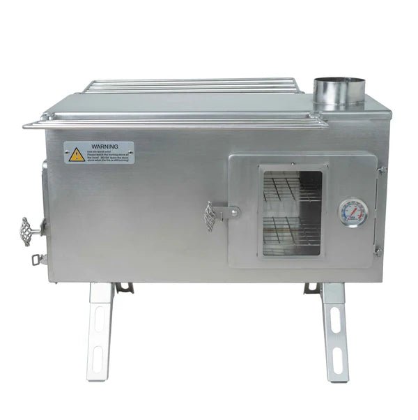 Winnerwell Ovenstove von der Seite mit Backofentür, Thermometer und Warnaufkleber