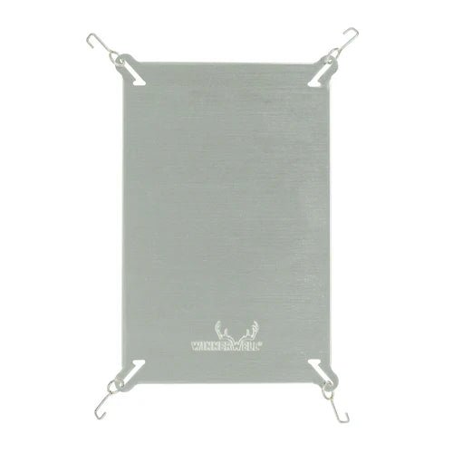 Winnerwell Heat Shield Edelstahl, rechteckige Platte mit Logo und Haken an den vier Ecken, von oben