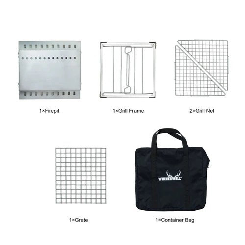 Winnerwell Grill Firepit Set mit Feuerschale, Grillrahmen, zwei Grillnetzen, Rost und schwarzer Tragetasche