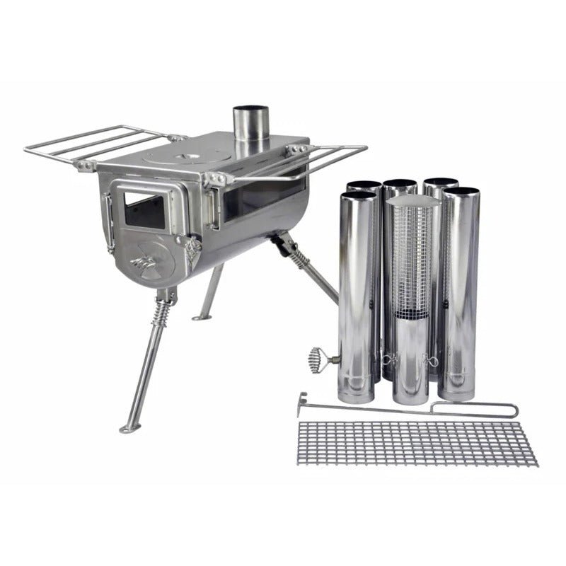Winnerwell Woodlander Double View mit den Schornsteinrohren und einem Rost daneben