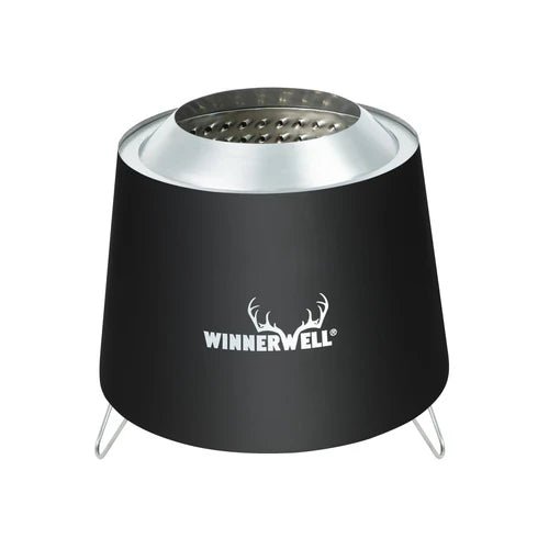 Winnerwell Tornado Feuerschale in Schwarz, Smokeless Fire Pit mit Hirschlogo und dünnen Drahtbeinen