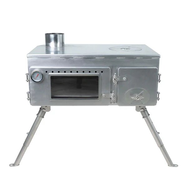 Winnerwell Woodlander Pizza Oven direkt von vorne mit Ofenfenster, Thermometer und Feuertür