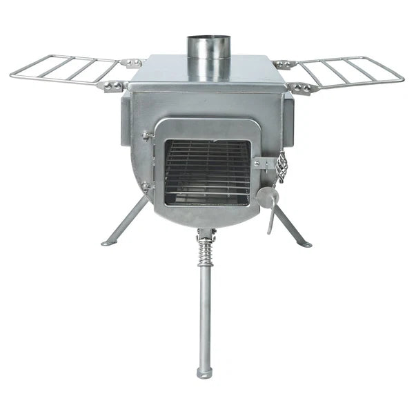 Winnerwell Woodlander Plus Double View direkt von vorne mit Glastür und ausgeklappten Seitenablagen