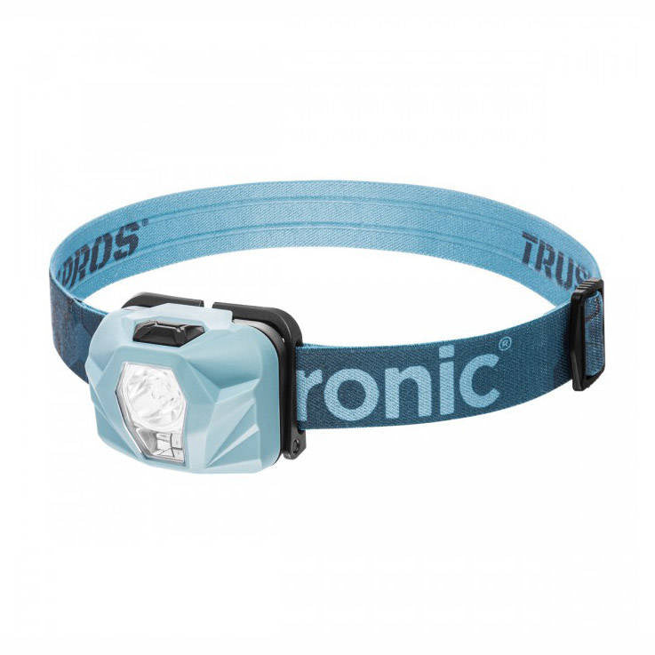 Mactronic Base Camp Stirnlampe in Hellblau mit blauem Kopfband mit Mactronic Aufdruck