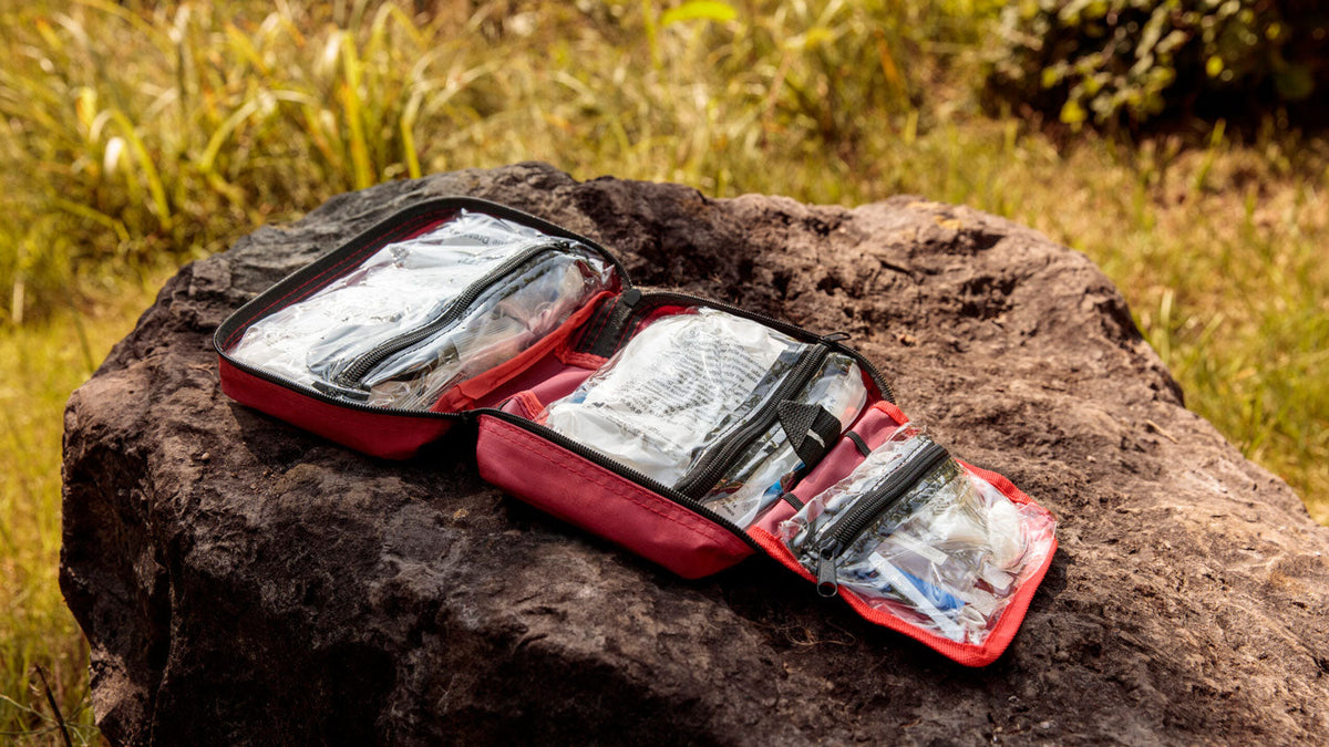 Hygieneprodukte, offene rote Kulturtasche mit durchsichtigen Fächern auf einem Felsen im Gras