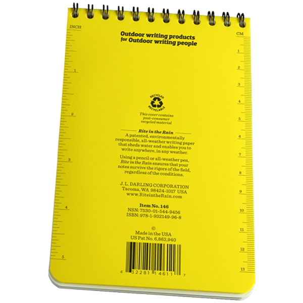 Rite in the Rain Notizbuch in Gelb von hinten, mit Lineal in Inch und cm am Rand