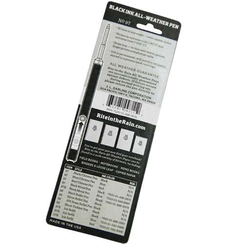 Rite in the Rain All-Weather Clicker Pen in der Verpackung, Rückseite mit Text und Tabelle