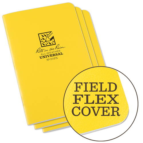 Rite in the Rain Notizbuch 3er Set in Gelb, mit dem Text Field Flex cover in einem Kreis