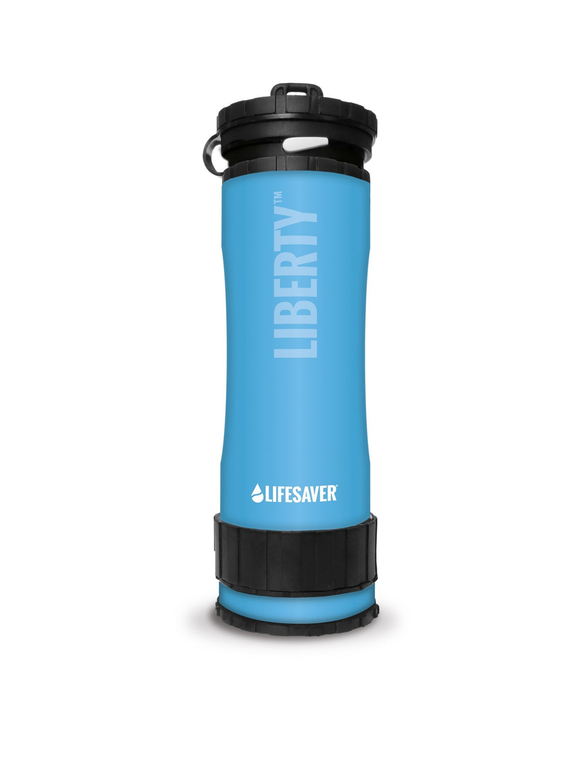 Lifesaver Liberty Trinkflasche in Hellblau mit schwarzem Deckel, aufrecht von vorn