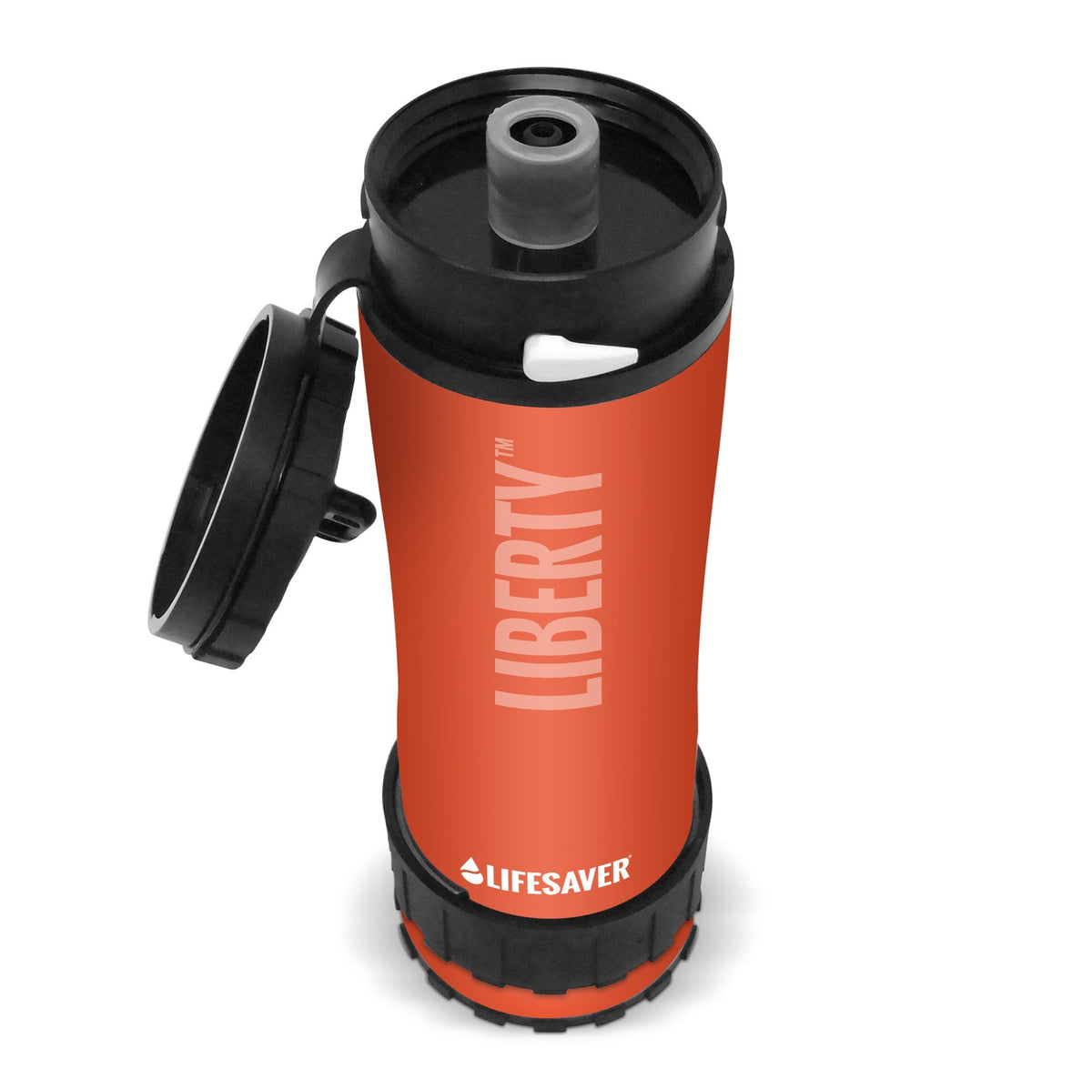 Lifesaver Liberty in Orange mit aufgeklapptem Deckel und Trinkmundstück, schräg von oben