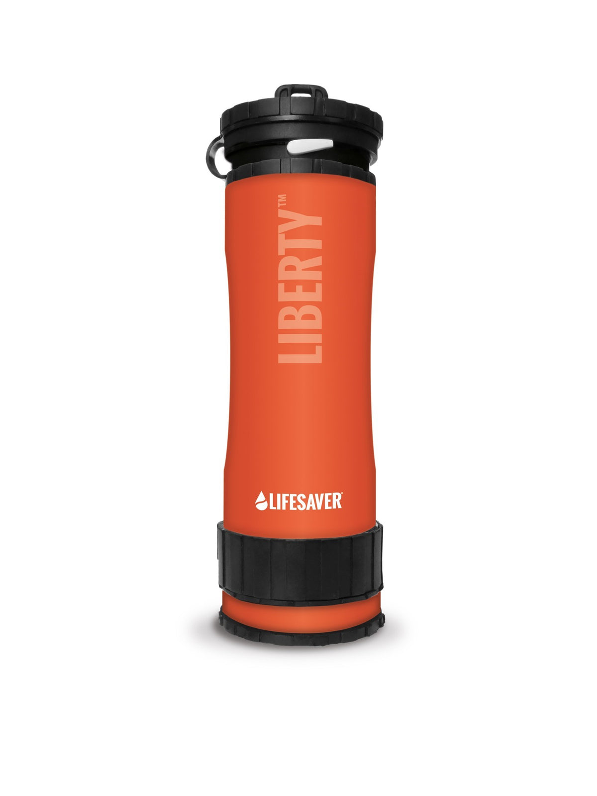 Lifesaver Liberty Trinkflasche in Orange mit schwarzem Deckel, aufrecht von vorn