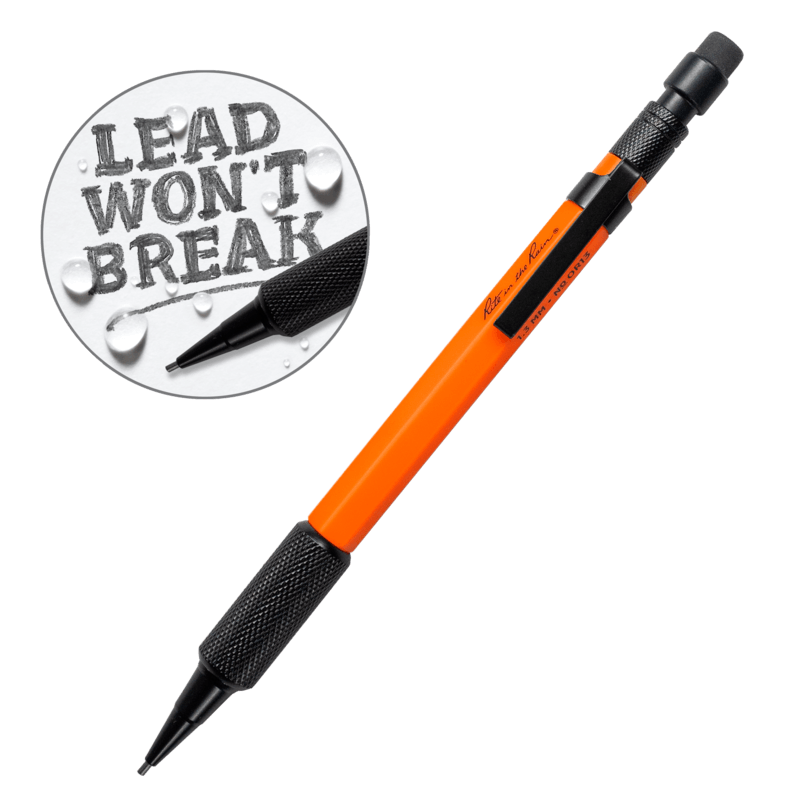 Rite in the Rain Mechanical Clicker Druckbleistift in Orange mit schwarzem Griff, schräg gesehen