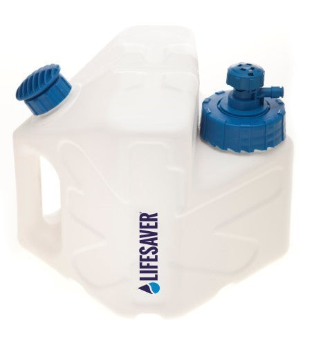 Lifesaver Cube Wasserfilter, weißer Kanister mit Griff, blauem Deckel und blauem Filterkopf