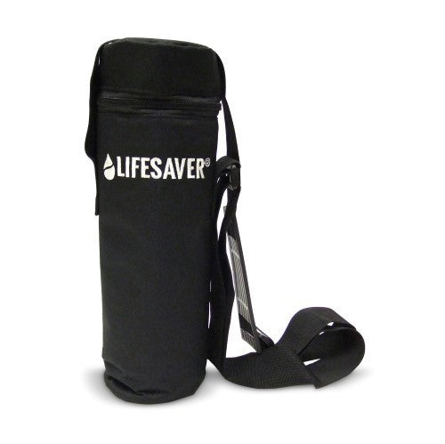 Lifesaver Liberty Soft Pouch, schwarze Flaschenhülle mit Reißverschluss, weißem Logo und Schultergurt