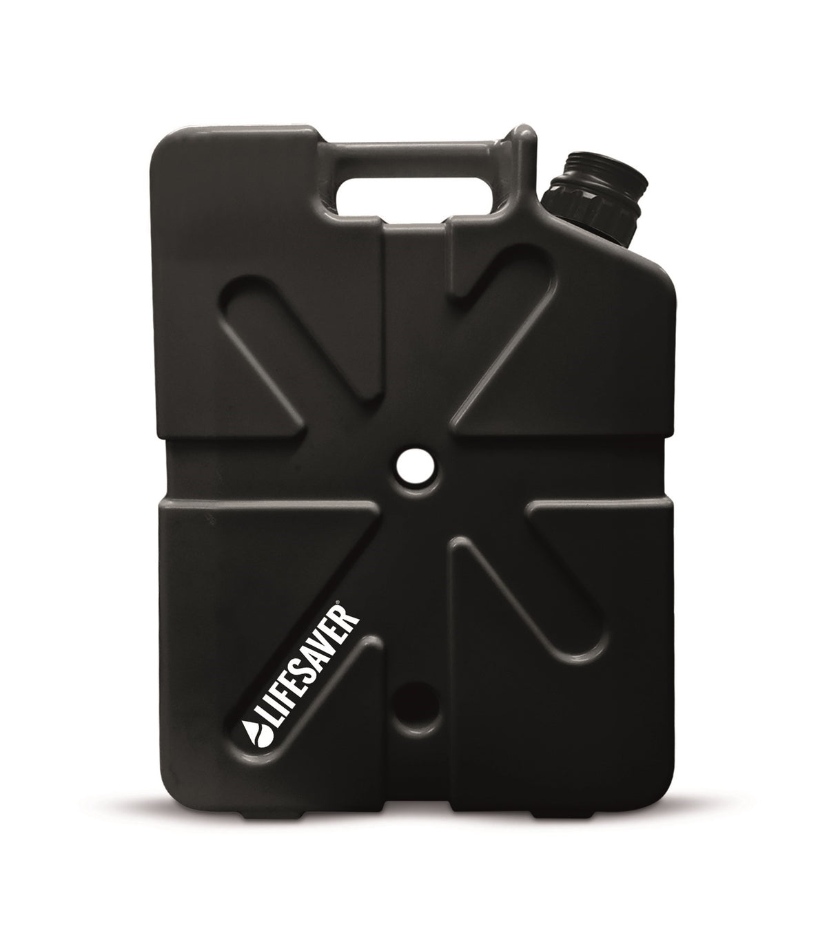 Lifesaver Jerrycan in Schwarz von vorn mit Griff, schwarzem Schraubdeckel und weißem Logo