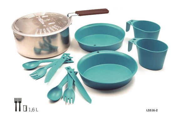 Laken Edelstahl Kochgeschirr 16cm als Set für zwei mit Topf, zwei Schalen, zwei Bechern und Besteck