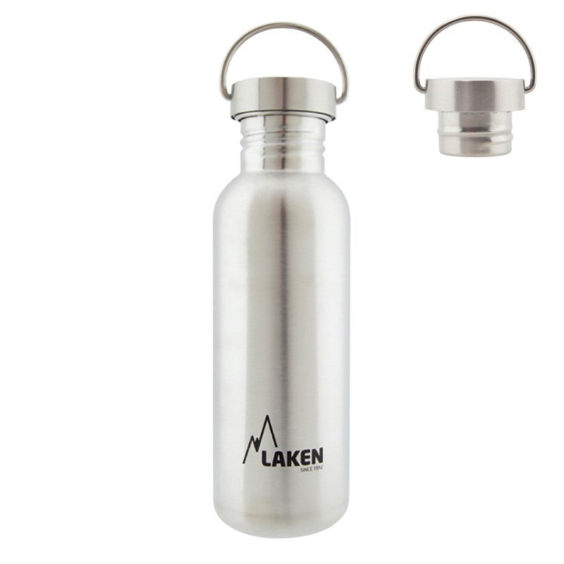 Laken Trinkflasche mit Edelstahldeckel in einer hohen, schlanken Ausführung, loser Deckel daneben