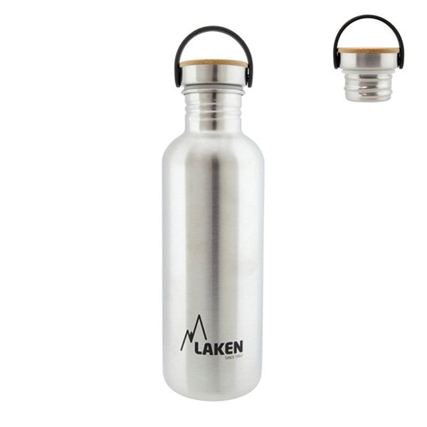 Laken Trinkflasche mit Bambusdeckel in der größten Größe mit schwarzer Trageschlaufe