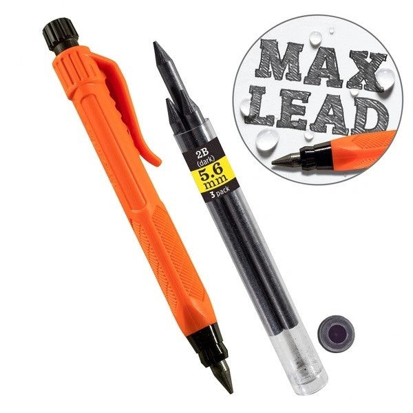 Rite in the Rain Work Ready orange, Druckbleistift mit Clip neben einer Röhre mit dicken Minen von 5,6 mm