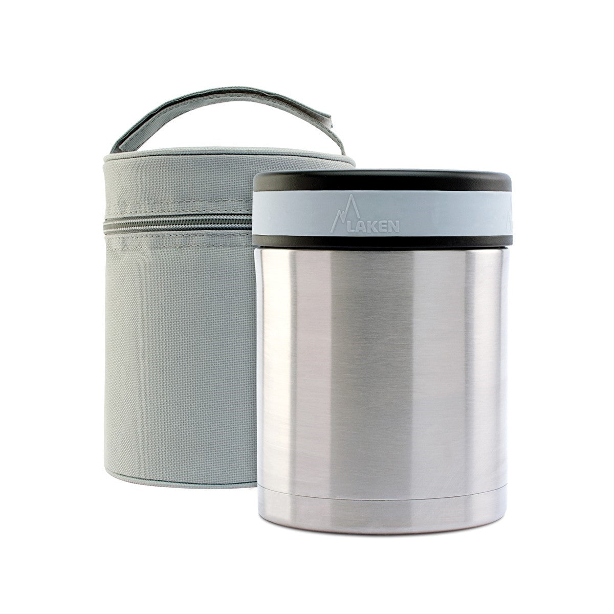 Laken Thermo Lunchbox Edelstahl mit hellgrauem Deckel, graue Tragetasche mit Henkel daneben