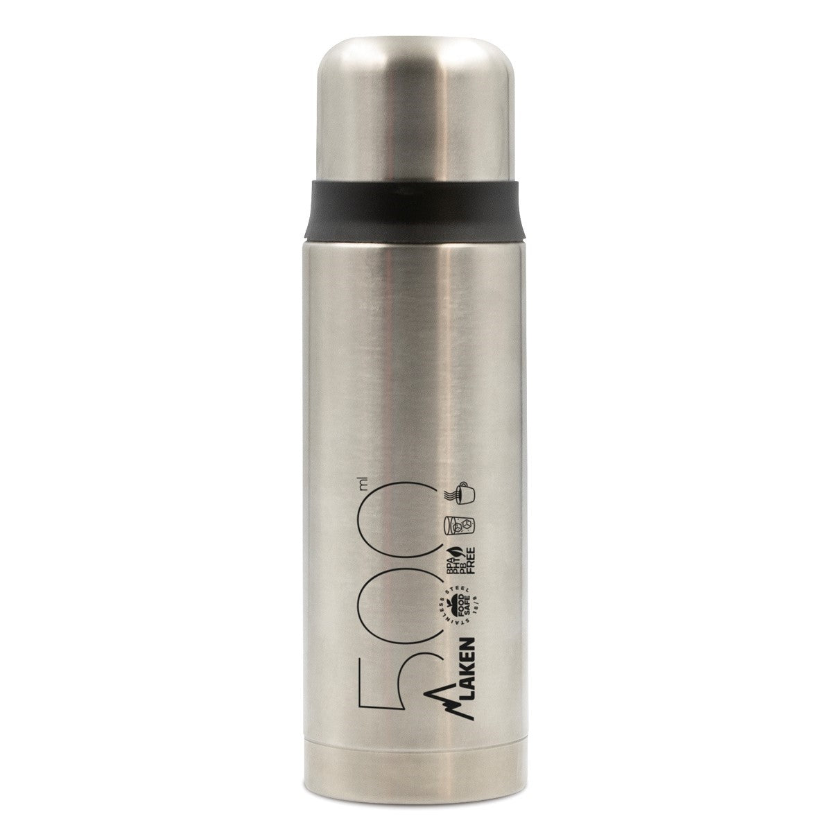 Laken Thermosflasche Edelstahl Silber mit Aufdruck 500, matt silberfarben mit schwarzem Band unter dem Deckel