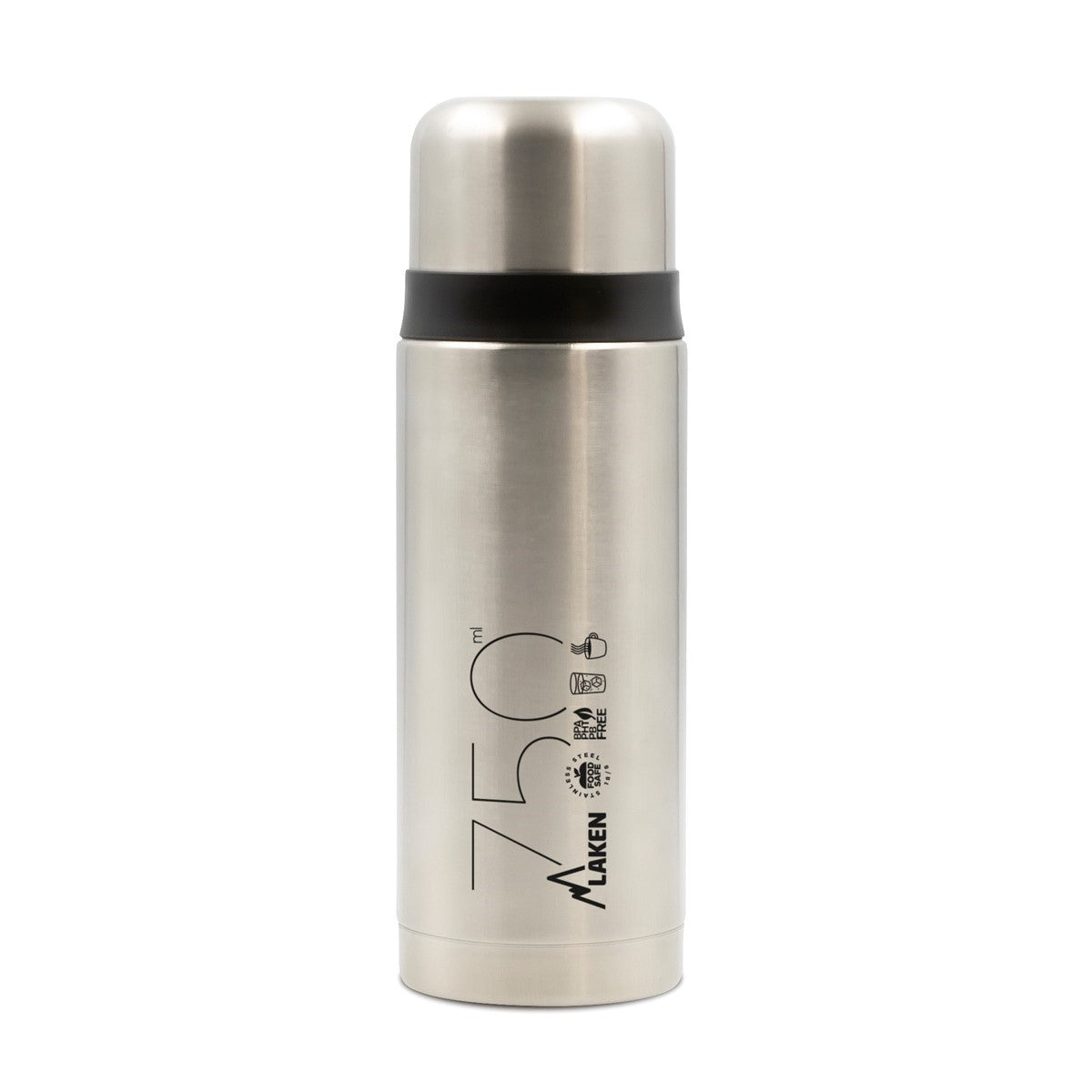 Laken Thermosflasche in Silber mit Aufdruck 750, etwas höher mit schwarzem Band unter dem Deckel