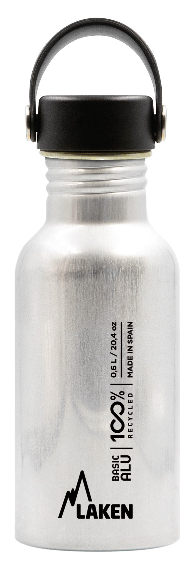 Laken Trinkflasche Aluminium, 0,6 Liter, silberfarben mit schwarzem Schraubdeckel und Trageschlaufe