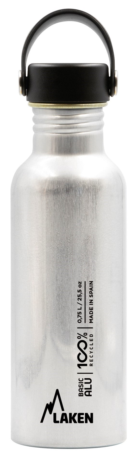 Laken Trinkflasche Aluminium in der höheren Ausführung mit 0,75 Liter, schwarzem Deckel und Trageschlaufe