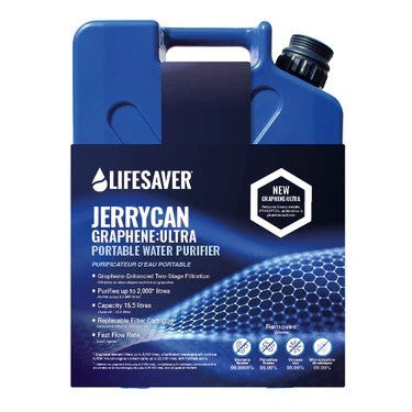 Lifesaver Jerrycan Graphene Ultra, blauer Kanister in der bedruckten Verpackung