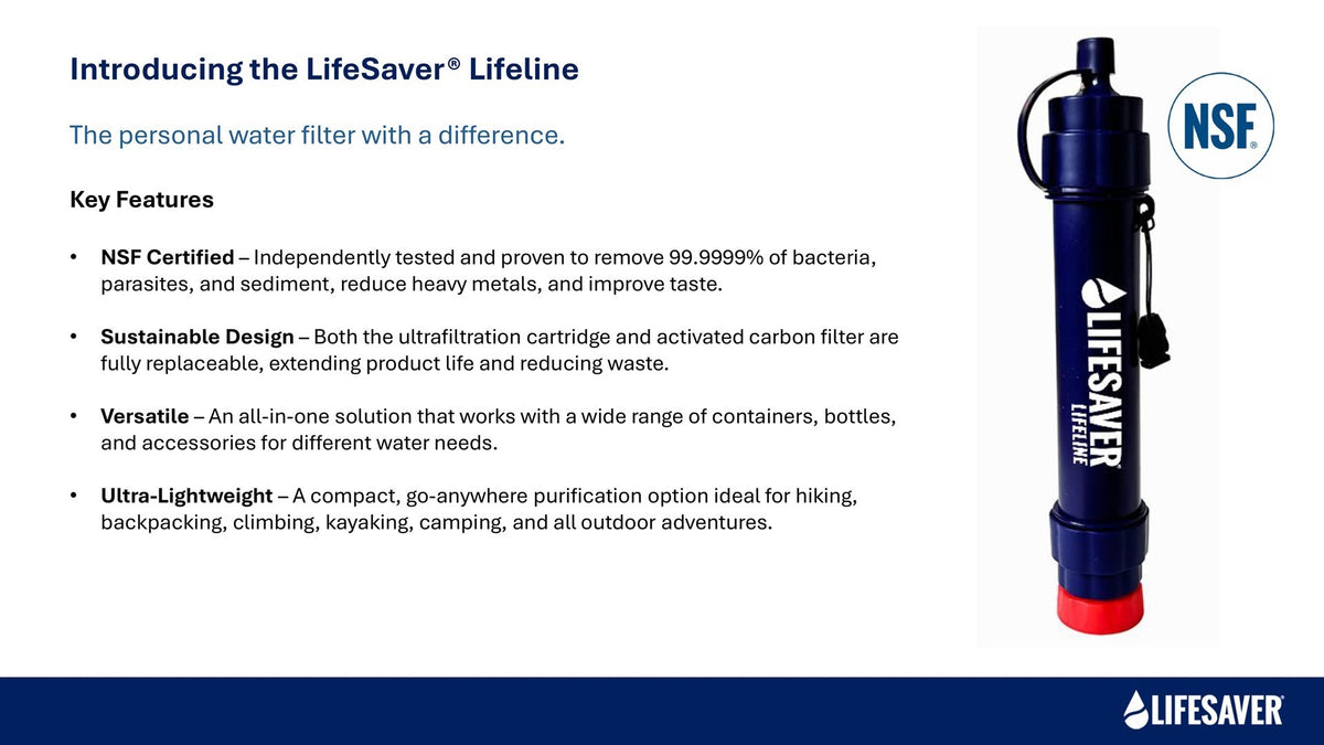Lifesaver Lifeline Straw, Infoblatt mit den Merkmalen neben dem dunkelblauen Filter