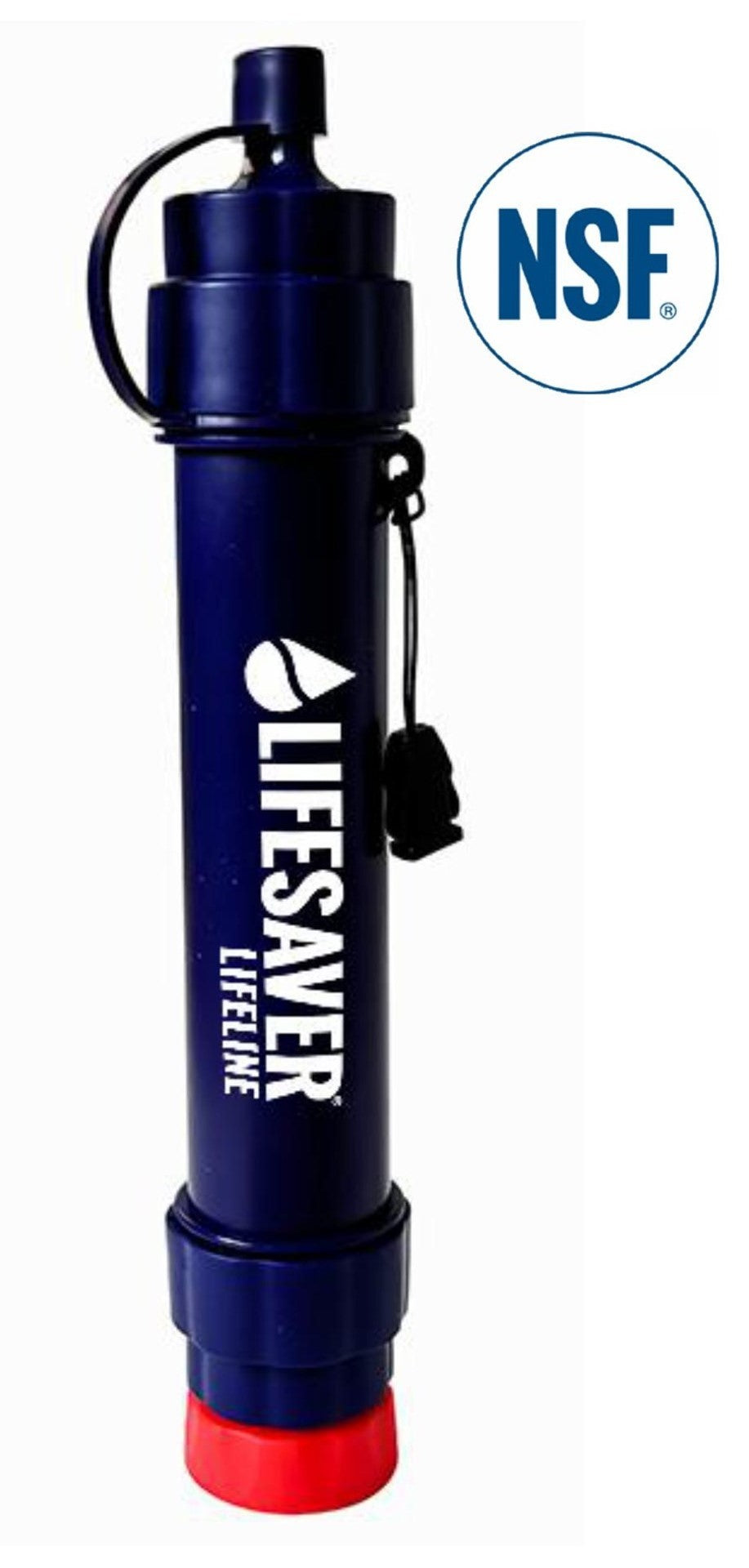 Lifesaver Lifeline Straw Wasserfilter, dunkelblauer Filterhalm mit Trageschlaufe und roter Kappe, aufrecht