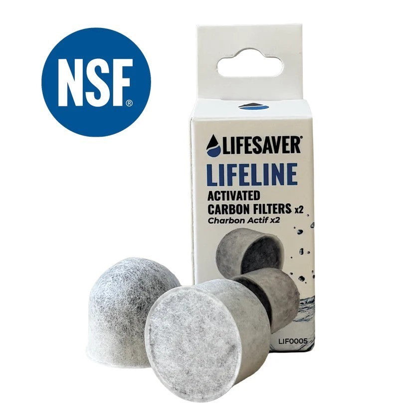Lifesaver Lifeline Aktivkohlefilter, zwei graue Filterkappen vor der Verpackung mit rundem blauem Logo