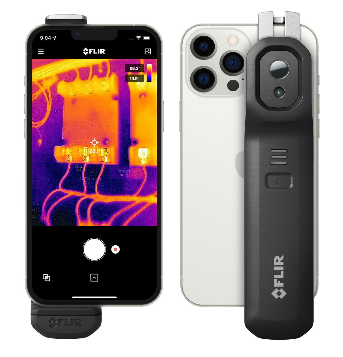 FLIR ONE Edge Pro an einem Smartphone mit Wärmebild einer Verkabelung auf dem Bildschirm