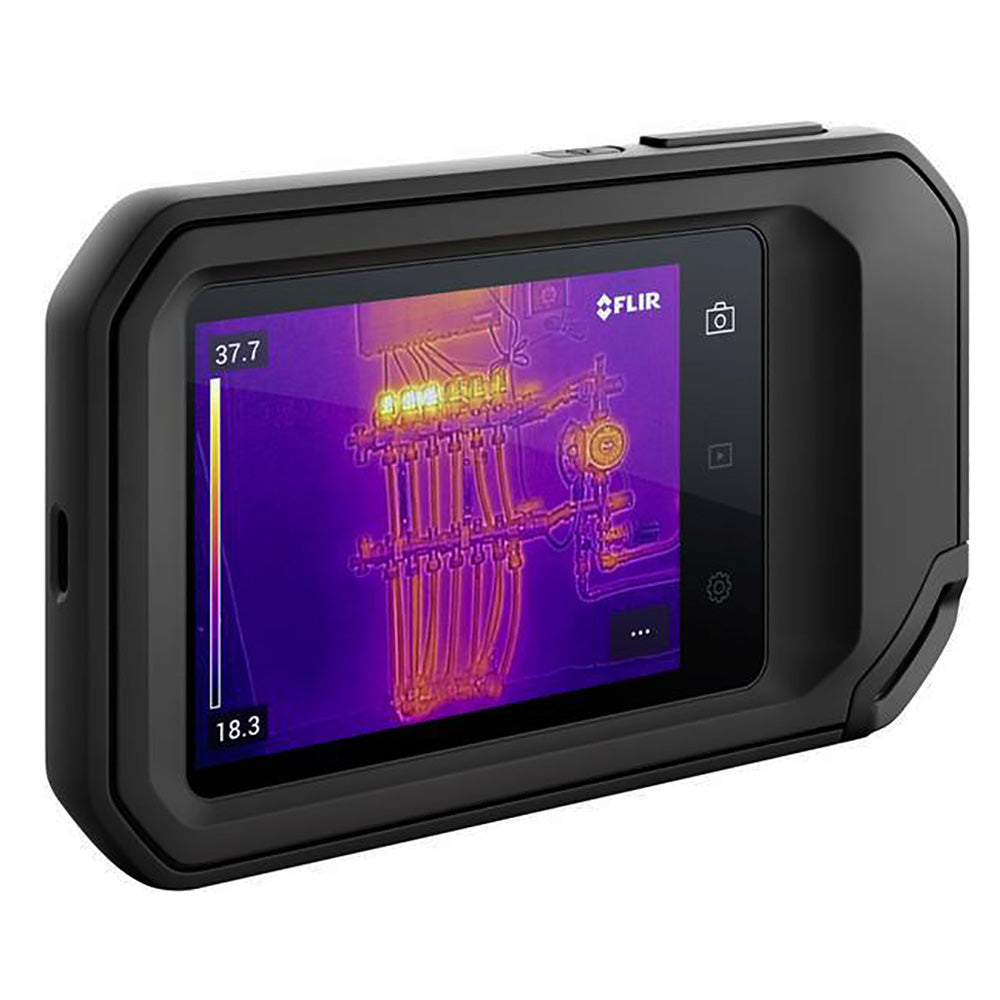 FLIR C5 Wärmebildkamera mit Touchscreen, der ein Wärmebild eines Verteilers zeigt