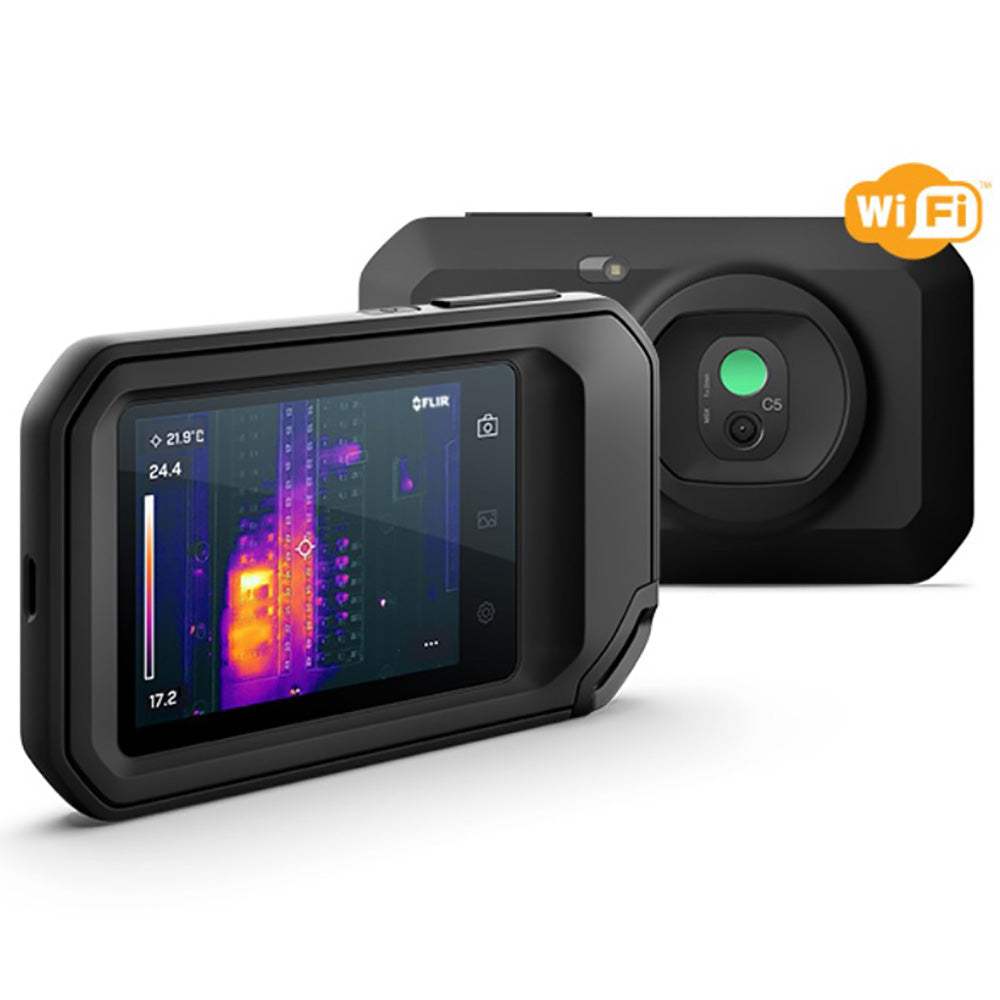 FLIR C5 Vorder- und Rückseite nebeneinander, mit Wärmebild auf dem Bildschirm und WLAN-Logo