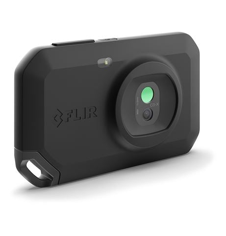 FLIR C3-x Wärmebildkamera in Schwarz, Objektivseite mit Logo und Handschlaufe